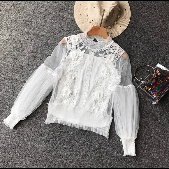 Lace Mesh Crochet Long Sleeve Blouse - Picture 5 of 8